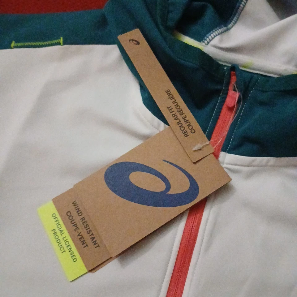 NUEVO CON ETIQUETAS Asics 2022 Campeonato Mundial Atlético Cortavientos Hombre Grande Blanco Capucha Cremallera Foto 3 de 4