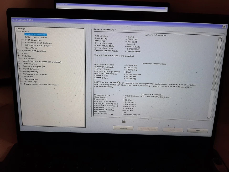 LOTE DE 5 Laptop Dell Latitude 7400 14" i7-8665U 32GB RAM SIN OS/SSD BIOS PW!! #97 Foto 4 de 4