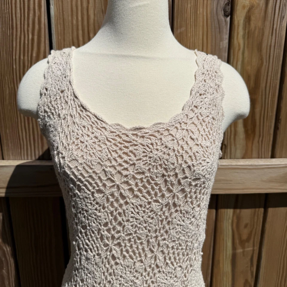 Newport News Crochet Knit Maxi Dress Sleeveless Beige Ramie Cotton M - Image 3 of 4