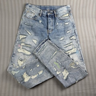 mnml Straight Jeans Men s Size 32x33 Light Blue Distressed Patchwork Button Fly