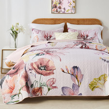 King Size Quilt Set, Elegant Floral Botanical Pattern Pink Bedding Set,3 Piece L