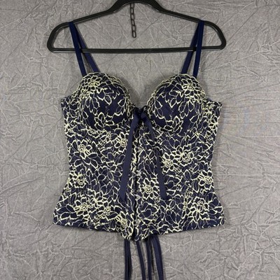 Savage X Fenty Corset Top Women L Blue Floral Lace Underwire Lace-Up Bustier