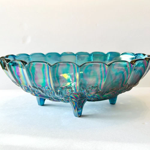 VTG Large Indiana Harvest Grape Iridescent Blue Oval Carnival Glass Fruit Bowl