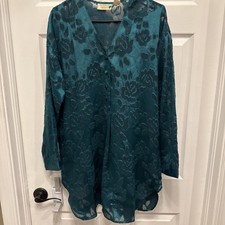 Victoria  s Secret Vintage Gold Label Green Floral Silky Lace Sleep Shirt Gown M