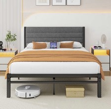 Double Bed Frame Upholstered Metal Slats Storage Modern Grey No Box Spring