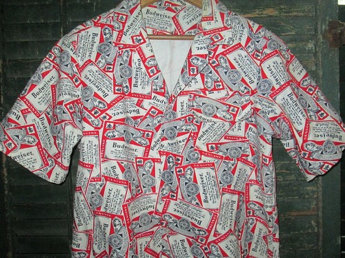 Vtg 70s 80s Budweiser Beer AOP all over print Denim-Canvas Selvedge Beer Shirt