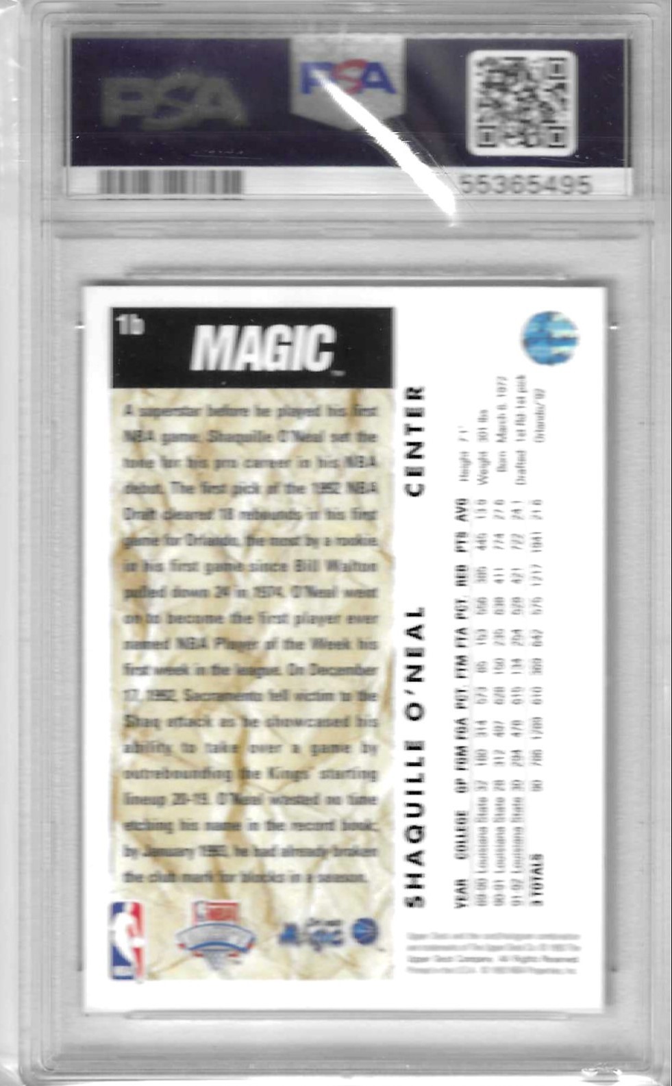 1992 Upper Deck Shaquille O'Neal Trade Card #1b PSA 6 view 2