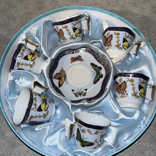 Classic Coffee and Butterflies Tea Cup Set Espresso w/Original Box 12 Piece(271)