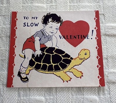 Vintage Valentine Card Rare Boy Riding Turtle   Funny Inappropriate! 