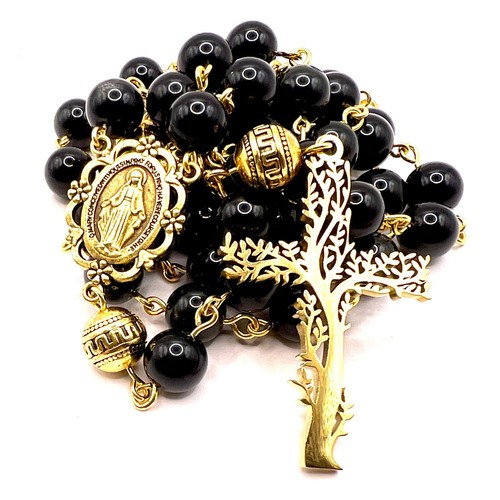 Handmade in Scotland Azbache Stone Black and Gold Tree of LIfe Rosary Beads Gift - Picture 8 of 12