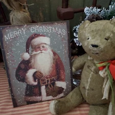 SWEET FOLK ART PRIMITIVE VICTORIAN VINTAGE OLD STYLE MERRY CHRISTMAS SANTA SIGN