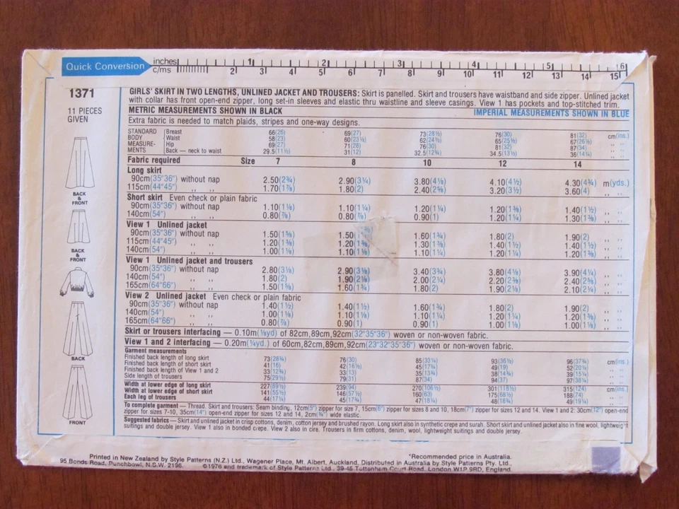 STYLE PATTERN - 1371 GIRL'S SKIRT UNLINED JACKET FRONT ZIP PANTS SIZE 10 UNCUT - Image 2 of 2