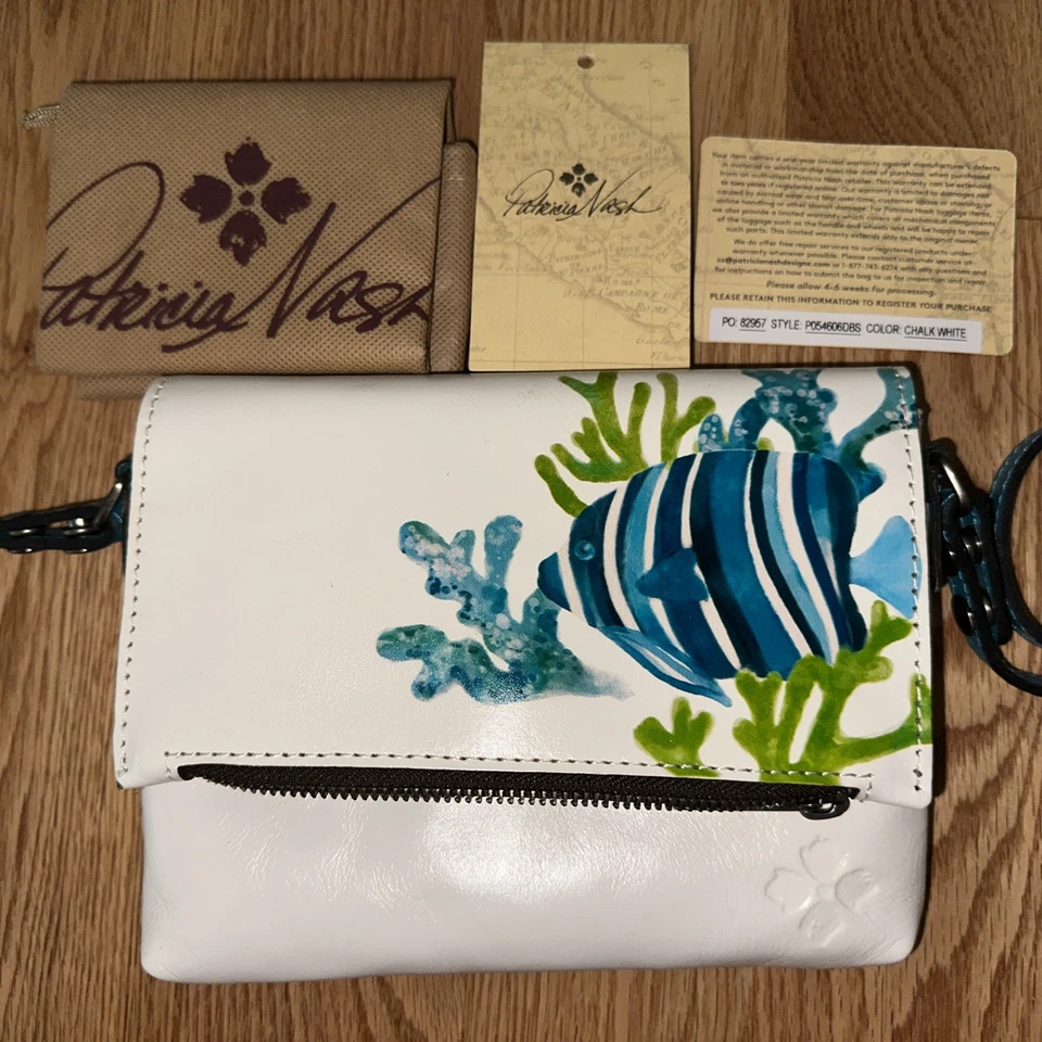 Bandolera Patricia Nash Cuero Corfú Rayas Pez Torquioso Blanco Con Bufanda Nueva con Etiquetas