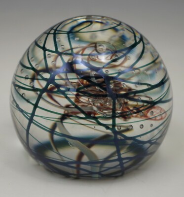 HENRY SUMMA ART GLASS 2001 COBALT RED SWIRL CONTROLLED BUBBLE PAPERWEIGHT 
