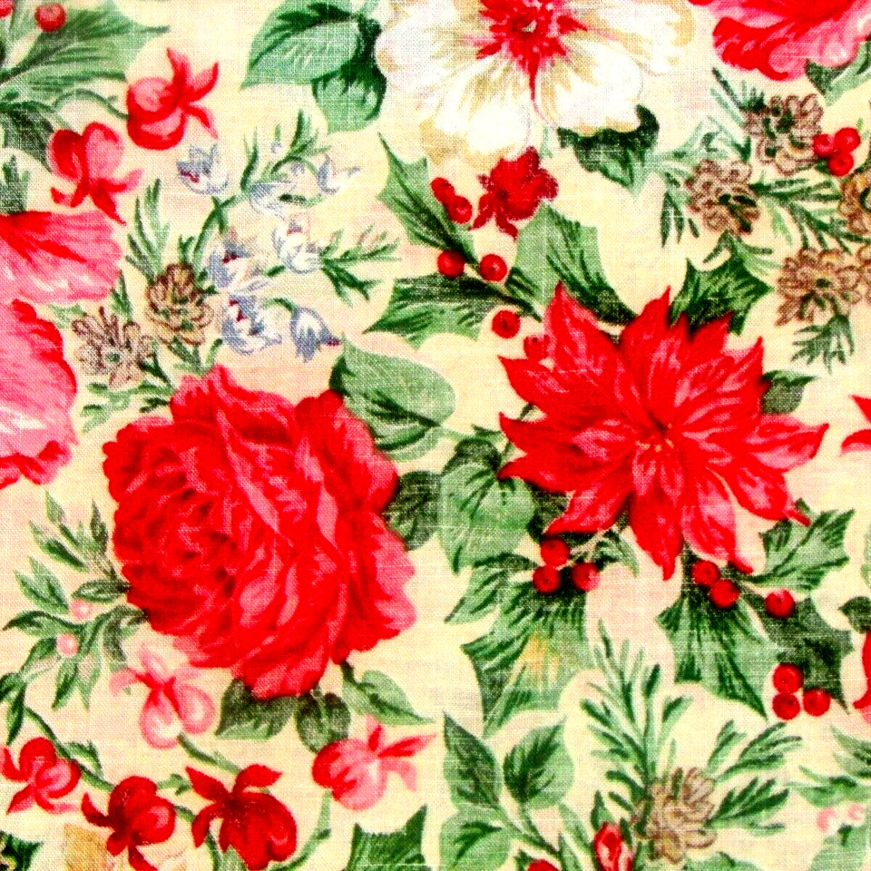 TELA rosas rojas, hojas verdes sobre crema serigrafía VIP 44x200" (coser rm bx6) Foto 3 de 3