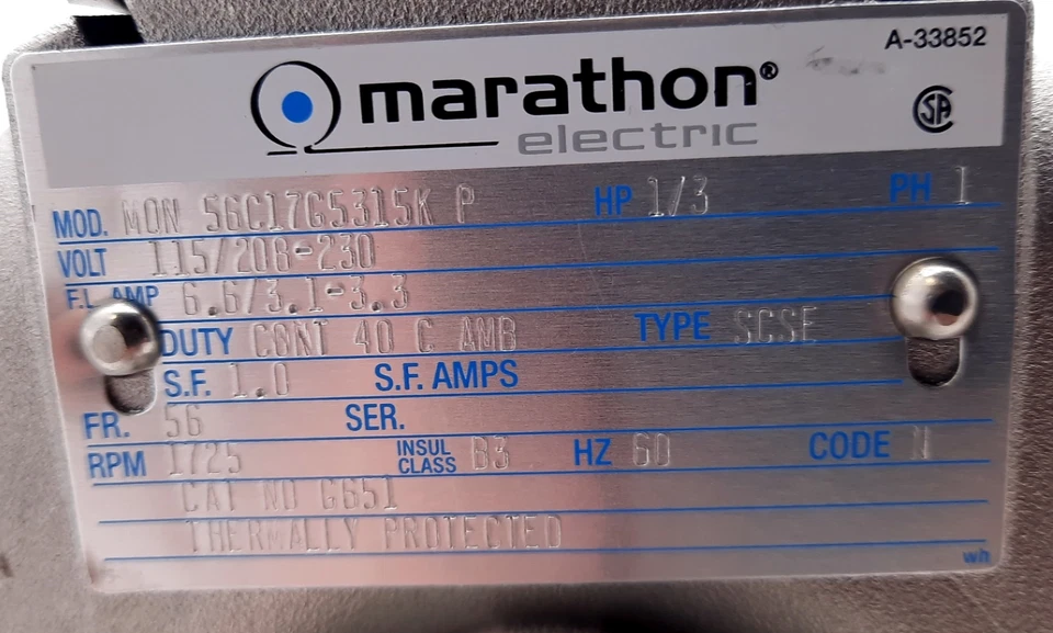 Marathon 56C17G5315K Explosion Proof Motor 1800rpm, 1/3hp, 1 Ph, 115/208-230V - Image 3 of 4