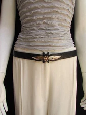 WOMEN HIGH WAIST HIP BLACK ELASTIC NARROW FASHION BELT GOLD FLOWER BUCKLE S M