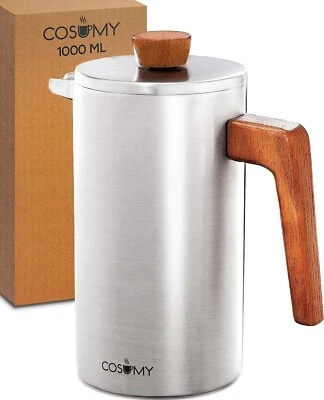 COSUMY French Press 1L Edelstahl Holz Kaffeebereiter Set 5 Tassen Kaffee Tee Presse