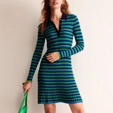 Boden Collared Ribbed Knit Sweater Polo Mini Dress in Navy Green 14 Rugby Preppy