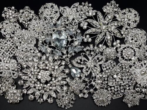 Lot 30pc Mixed Sliver Rhinestone Crystal Brooches Pin DIY Wedding Bridal Bouquet - Afbeelding 1 van 9