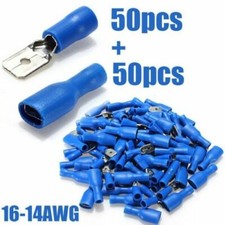 100pcs Fully Female Male Spade Terminals Crimp Connector Blue 16-14AWG
