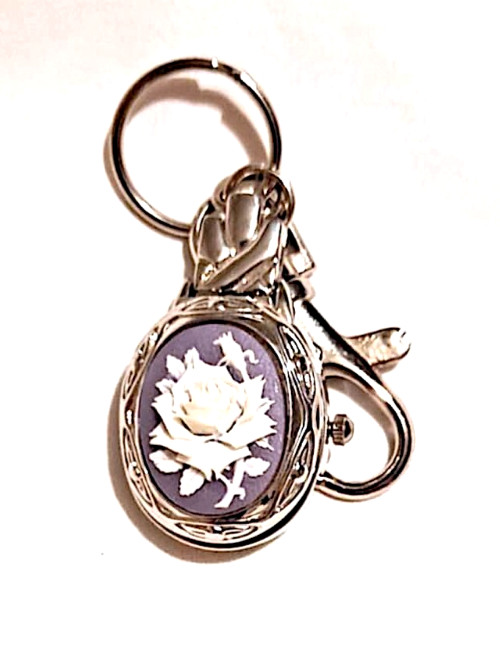 Vintage Style Rose Cameo Keychain Watch Quartz Fob Clip Key Ring Silver Tone