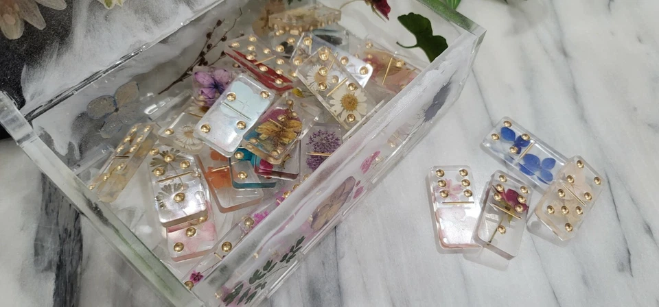 Handmade Resin Art Dried Pressed Flowers Clear Dominoes with Box Domino Set gift - Image 4 of 4
