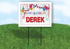 DEREK HAPPY BIRTHDAY BALLOONS 18 in x 24 in Yard Sign Road Sign with Stand