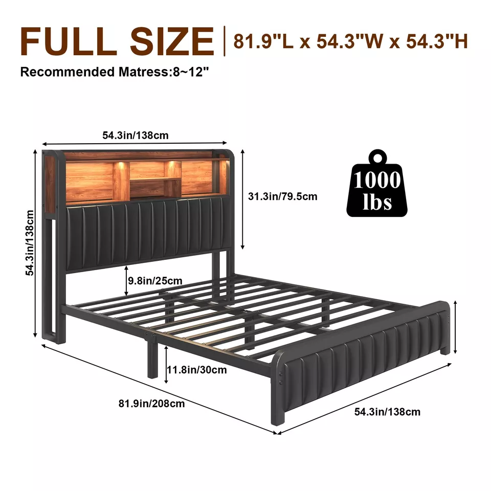 Full Queen Bed Frame with 3-Tier Storage Headboard and PU Leather - Image 2 of 4