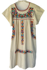 Vtg Mexican Embroidered Oaxaca Puebla Style Boho Folk Art Cotton Dress Hand XL