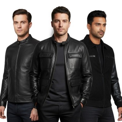 Leatherick Herren schwarz echtes Lammleder schmale Passform Motorradjacken UK