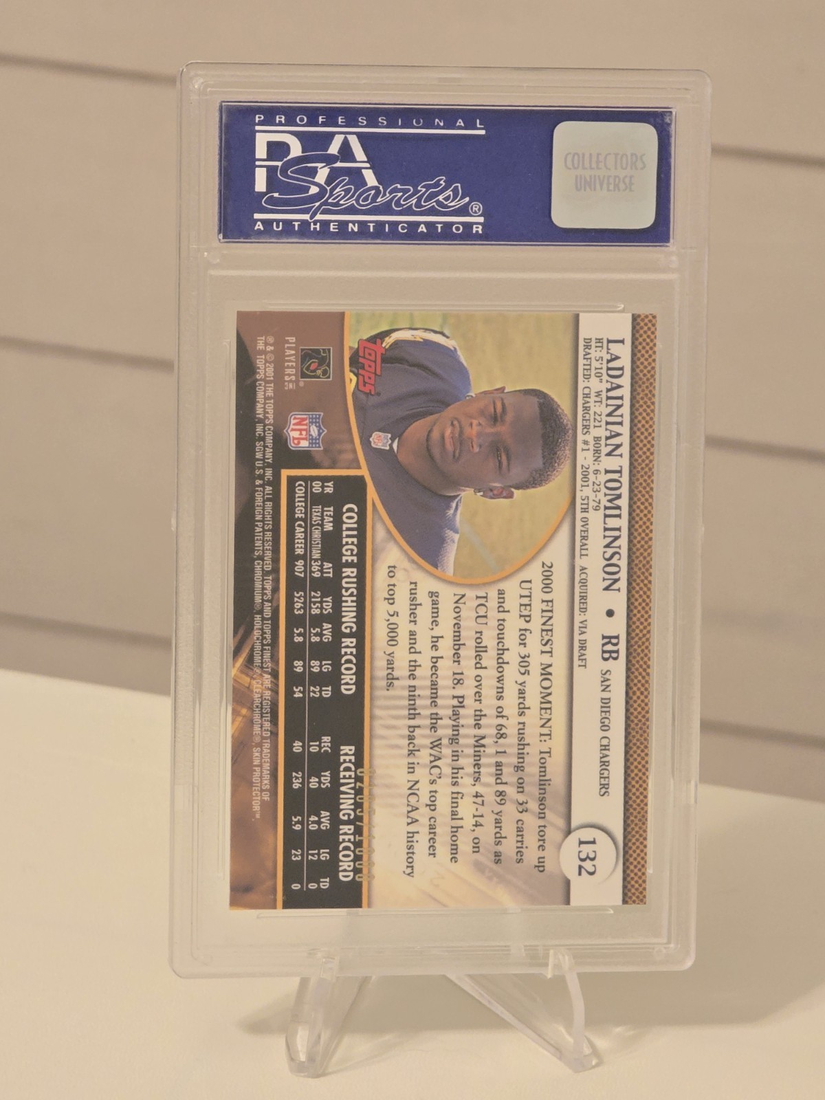 2001 Topps Finest LADAINIAN TOMLINSON RC /1000 #132 PSA 9 Mint Rookie Chargers view 2
