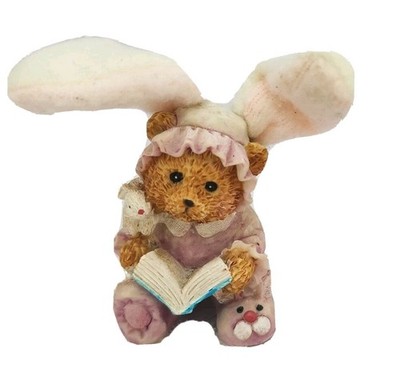 VTG Reading Baby Teddy Bear In Bunny W/Fabric Ears 3'' Resin Figurine