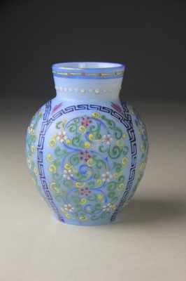ANTIQUE THOMAS WEBB BLUE OPALINE MOROCCAN HAND PAINTED GLASS VASE