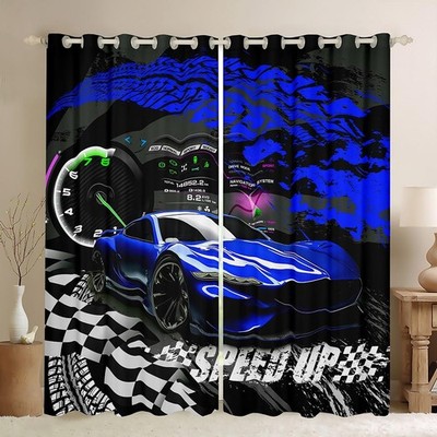 Boys Girls Blue Race Car Darkening Drapes Sports Car 30- Blackout Curtains fo...