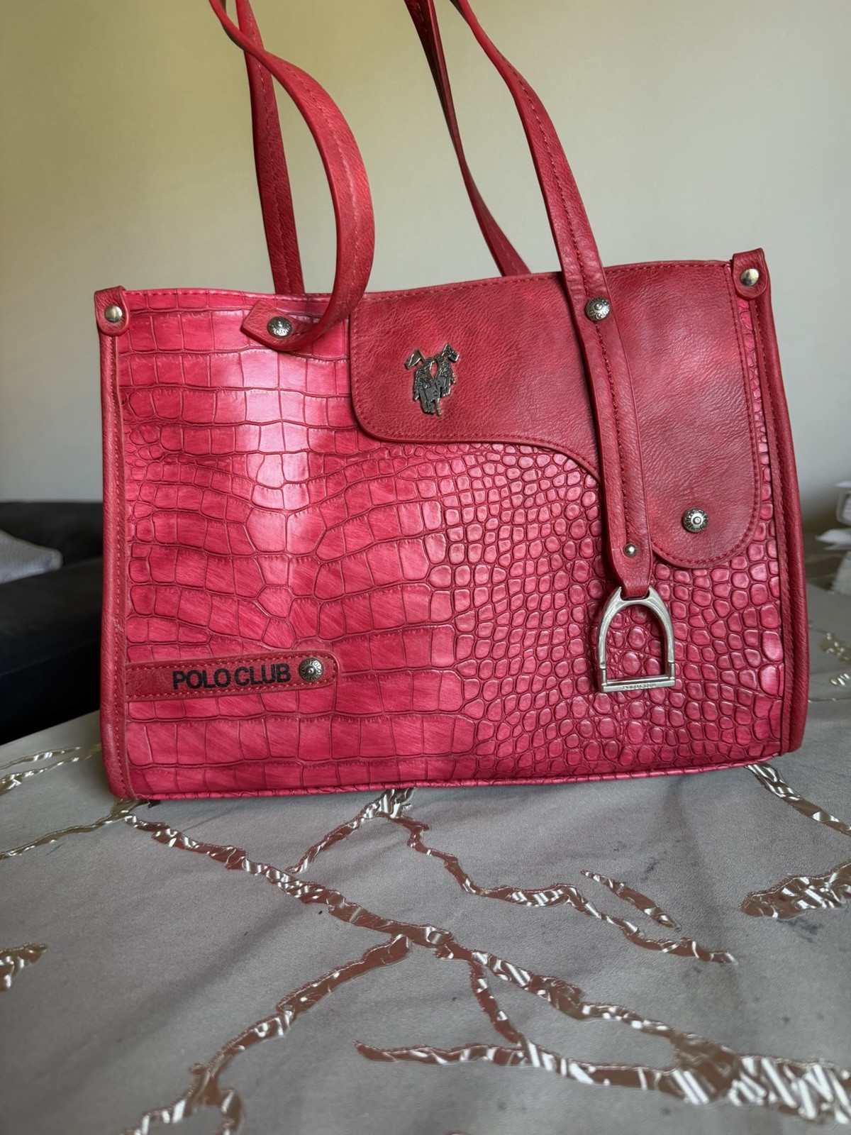 Polo Club Borsa a mano donna rossa effetto coccodrillo zip logo doppio manico