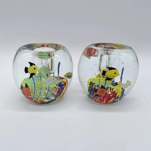 Set of 2 Vintage Murano Style Art Glass Aquarium Fish Paperweights 3.5”