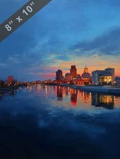 Des Moines skyline reflecting on river with glowing dusk sky 8x10 Matte Print