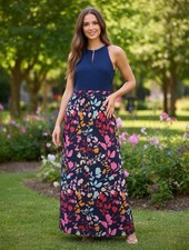 Vince Camuto Floral Maxi Dress Sleeveless Keyhole Navy Multicolor Size 8