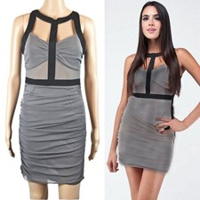 LUSH Gray & Black Mesh Harness Detail Ruched Bodycon Mini Dress Size Medium