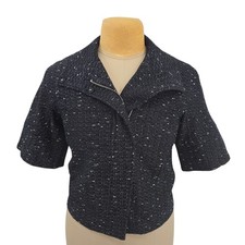 Kenneth Cole New York Crop Jacket Womens 4 Black White Tweed Short Sleeve Moto