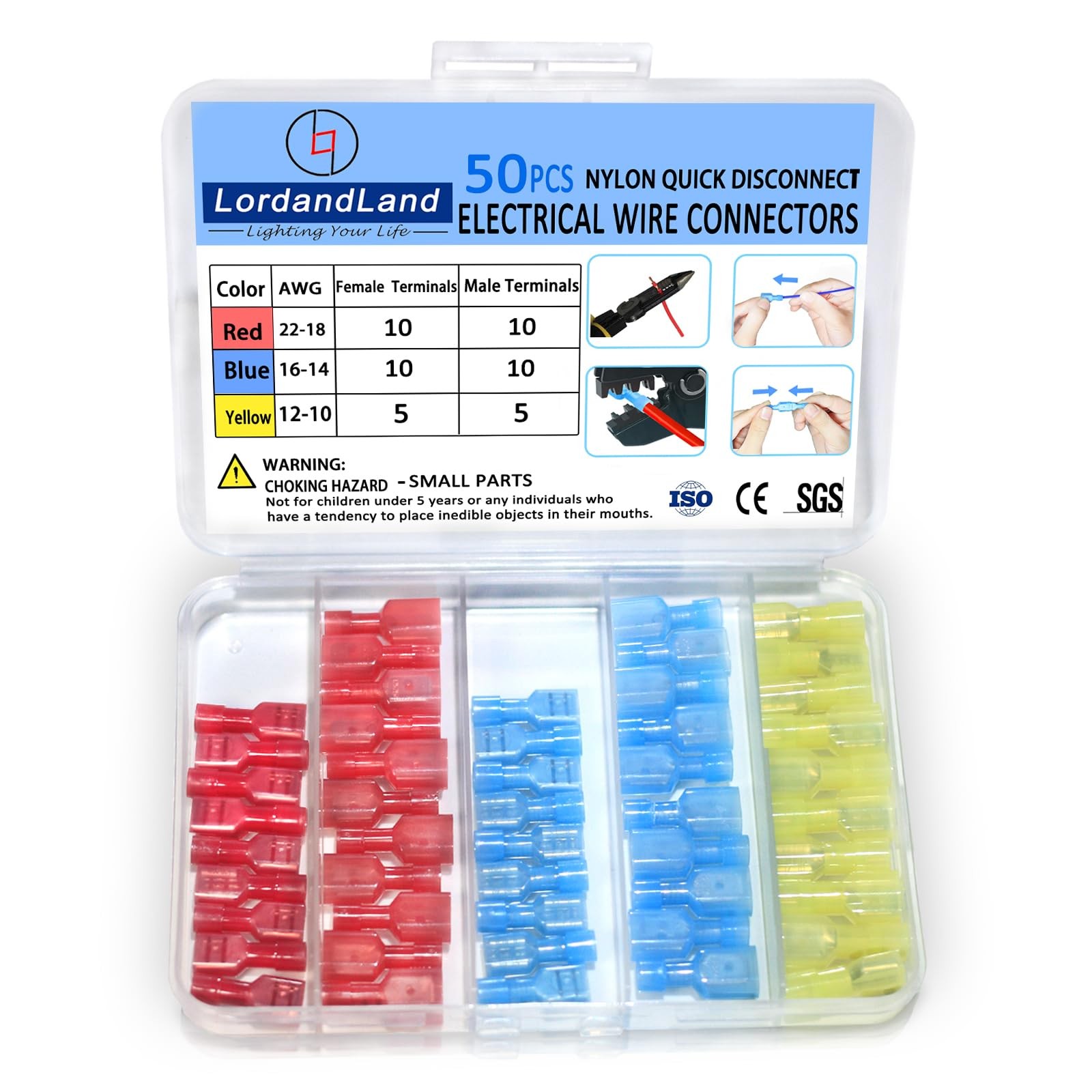 50PCS Nylon Spade Quick Disconnect Connectors Kit 22-10 AWG Male and Female E...