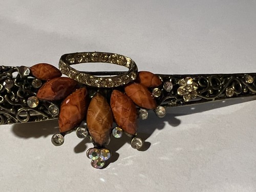 VINTAGE braun STRASS LUCITE JUWELENBESETZTES METALLHORN ENTENSCHNABEL HAARSPANGE STAB - Bild 2 von 4