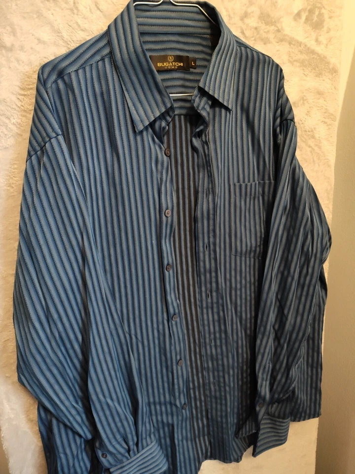 Bugatchi Uomo Classic Fit Men Size L Striped Rayon Long Sleeve Casual Shirt Blue - Image 4 of 4