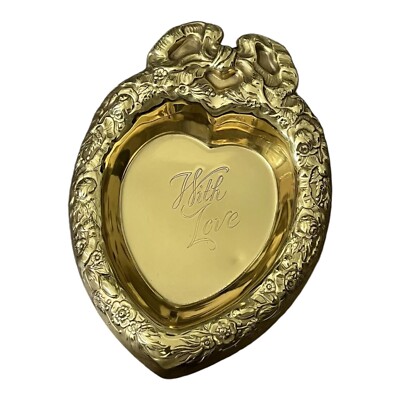 Vintage Metal Gold Heart Trinket Dish Engraved  With Love 