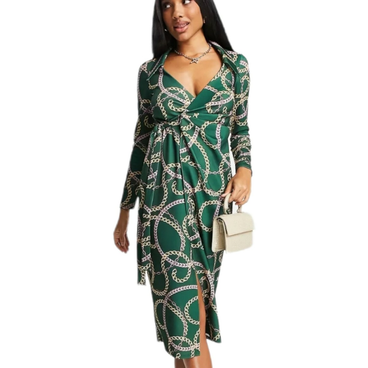 knee length dresses for ladies Rent ASOS DESIGN Bare Shoulder Prom Scuba Midi Dress In Forest Green main image 1