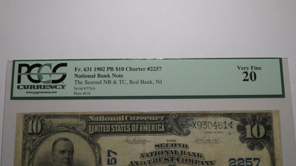 $10 1902 Red Bank New Jersey NJ National Currency Bank Note Bill #2257 VF20 PCGS - Image 2 of 4