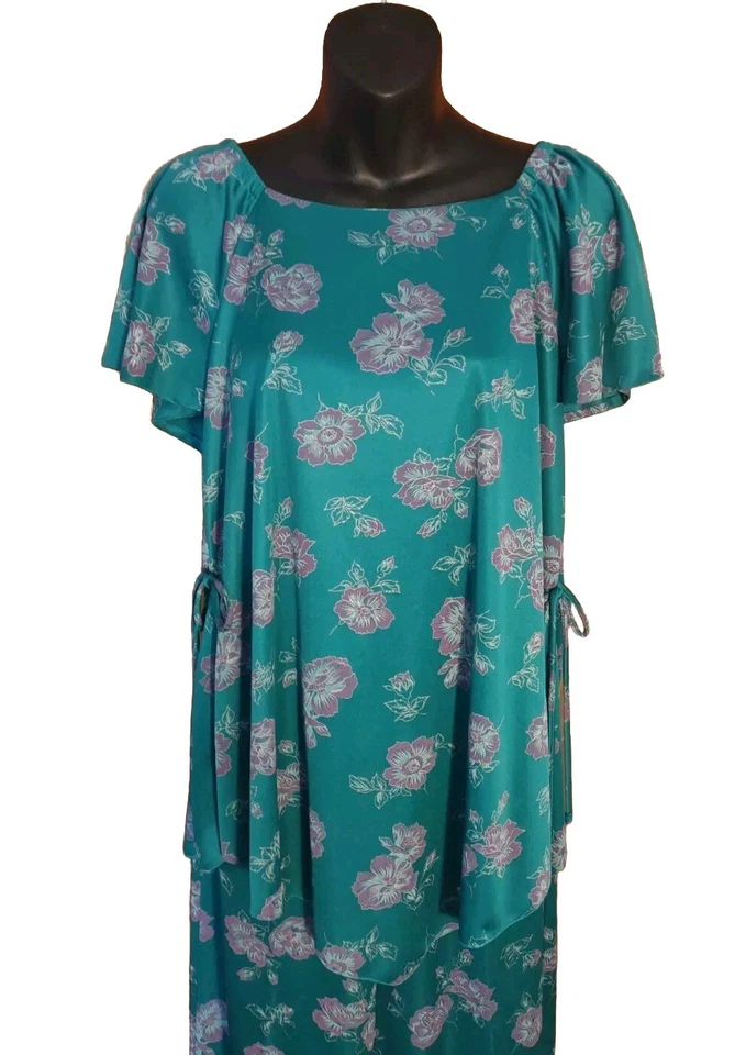 Vintage 70'S Ms. Sugar Teal & Purple Floral Two Piece Outfit Mrs. Roper Look  - Image 2 of 4