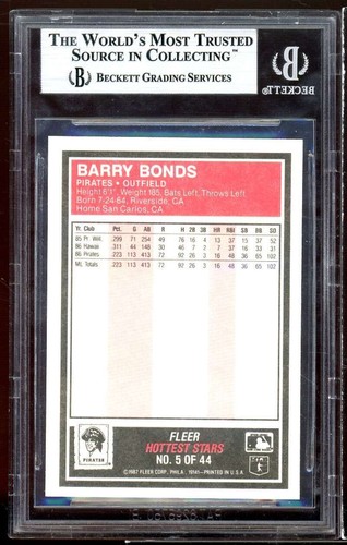 Barry Bonds Rookie Card 1987 Fleer Hottest Stars #5 BGS 9 (9 9.5 9 8.5) - Picture 2 of 2