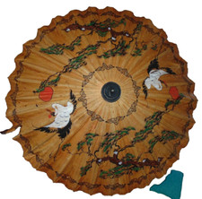 1950s Vintage Japanese umbrella, parasol made of bamboo, rice paper, and artwork